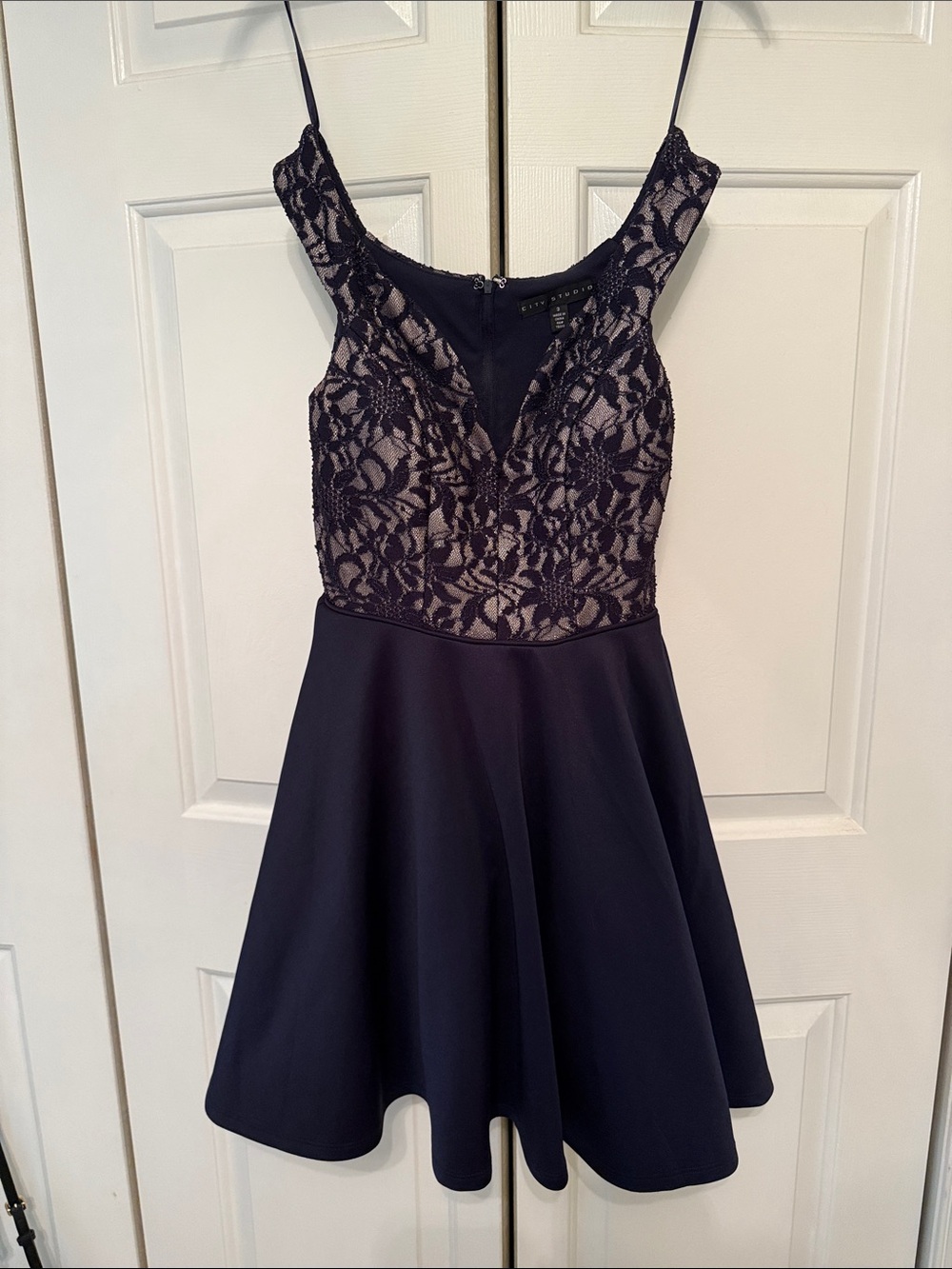 City Studio Navy Lace V-Neck Dress